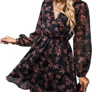 CUPSHE Women's Floral Print Chiffon A-Line Mini Dress Long Peasant Sleeves